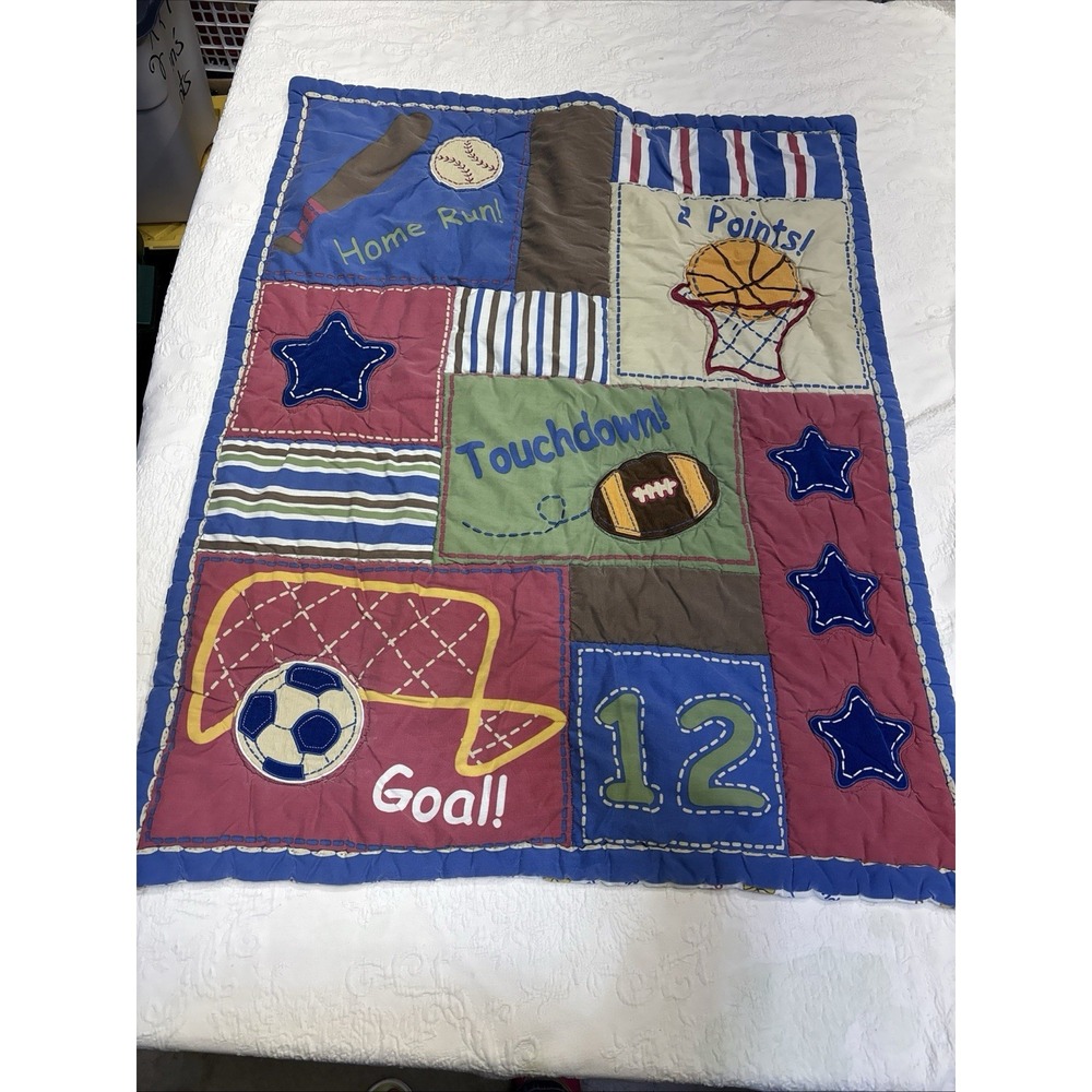 Sports Patchwork Crib Nursery Quilt Comforter Baseball Football Soccer 41x31
